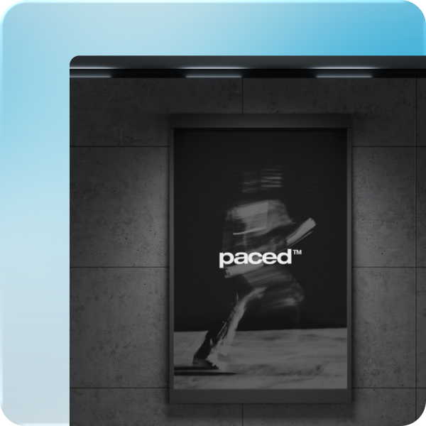 Black and white blurred image of a running person with the word 'paced™' overlaid in white text.