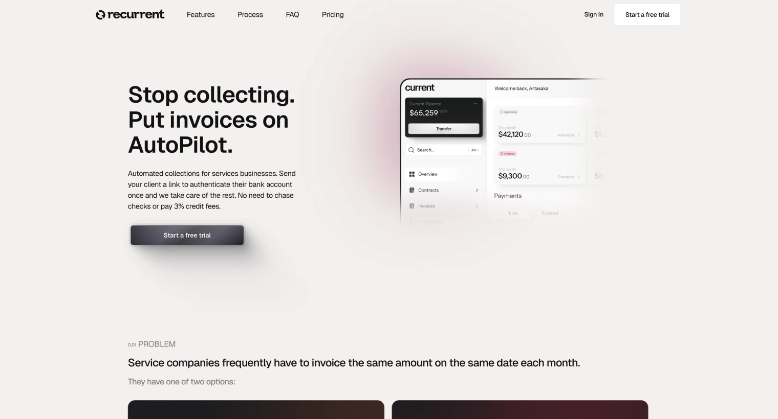 Recurrent website homepage showing headline 'Stop collecting. Put invoices on AutoPilot.' with a dashboard interface showing account balance and invoice details on the right.