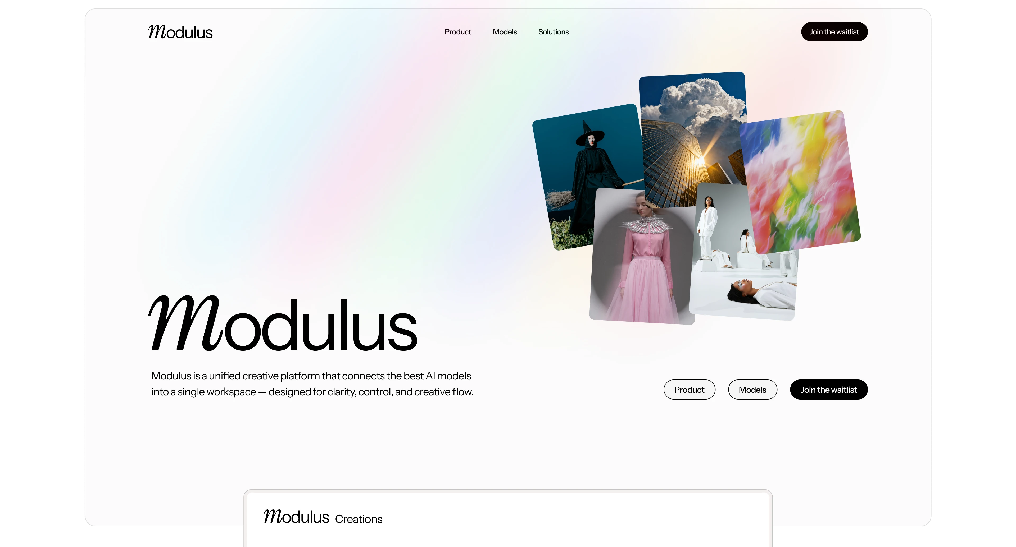 Modulus website homepage with logo, navigation links, call-to-action buttons, and a collage of diverse creative images including a woman in pink dress, a witch, skyscraper with cloud, abstract colorful art, and models dressed in white.